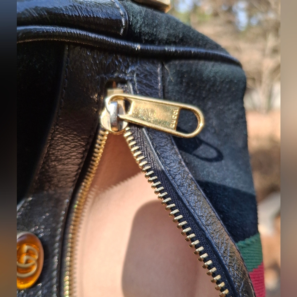 Gucci Black Suede Patent Leather Web Mini Ophidia Shoulder Crossbody Bag - Picture 11 of 14